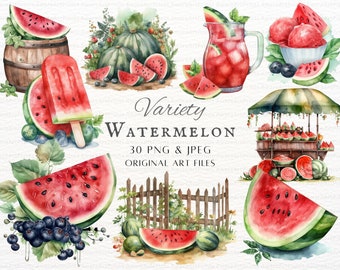 Watermeloen 30pc PNG & JPEG-bundel | Aquarel Watermeloen | Watermeloen PNG | Watermeloen Commercieel | Afdrukbare watermeloen | Fruit Clipart