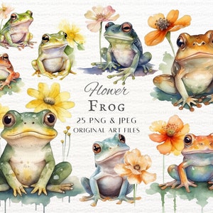 Lot de 25 grenouilles PNG et JPEG | Grenouille aquarelle PNG | Utilisation commerciale de grenouille mignonne | Art mural grenouille imprimable | Clipart grenouille fleur | Grenouille éphémère