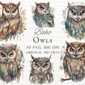 Boho Eulen 20er Bündel | Boho Eule PNG | Eule JPEG | Vintage Eule Kommerzielle Nutzung | Aquarell Eulen Kunst | Boho Eule zum Ausdrucken | Eule Junk Clipart