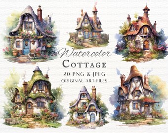 Cozy Cottage 20pc PNG & JPEG Bundle | Watercolor Cottage PNG | Vintage Cottage | Cute Cottage | Cottagecore Clipart | Cottage Commercial Use
