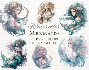 Watercolor Mermaid 20pc PNG Bundle | Mermaid PNG | Mermaid Commercial Use | Watercolor Mermaids PNG | Mermaid Scrapbook Art | Mermaid Art