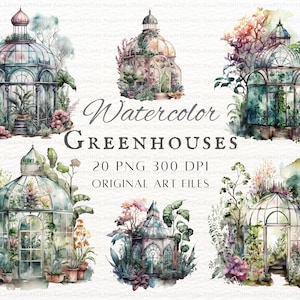 Estufa botânica aquarela 20 peças pacote PNG | Estufa Aquarela PNG | Estufa PNG | Clipart de jardim | Uso comercial em estufa