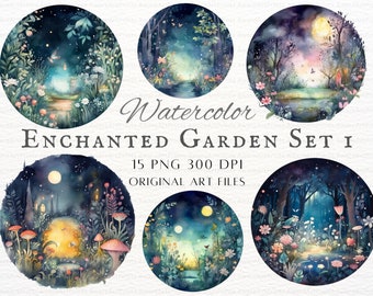 Enchanted Garden 15pc PNG Bundle Set 1 | Watercolor Fantasy Garden PNG | Printable Watercolor Fantasy PNG | Enchanted Garden Commercial Use