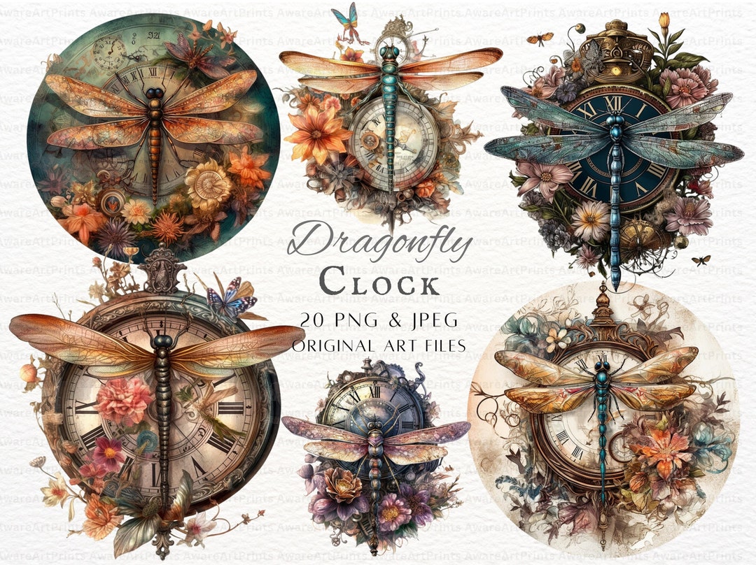 Dragonfly Clock Roses Dragonfly Clock 20pc PNG & JPEG Bundle | Dragonfly PNG | Steampunk ...