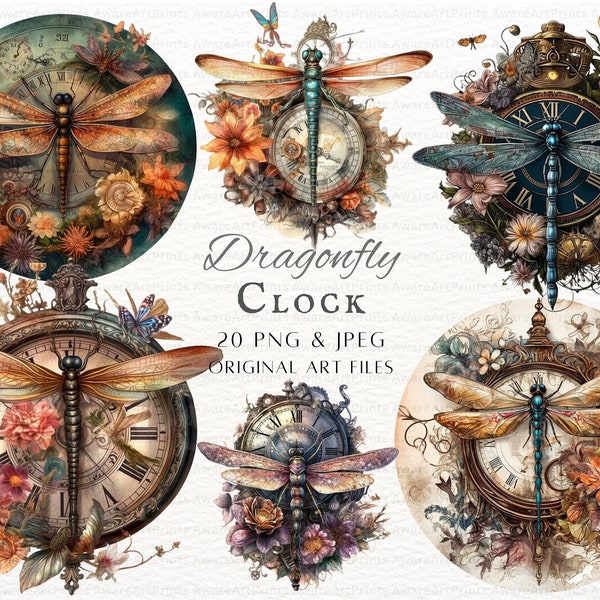 Dragonfly Clock 20pc PNG & JPEG Bundle | Dragonfly PNG | Steampunk Clock Commercial Use | Printable Dragonfly Art | Steampunk Dragonfly Art