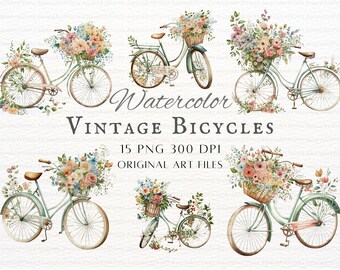 Vintage Bicycle 15pc PNG & JPEG | Boho Bicycle PNG | Watercolor Vintage Bicycle Jpeg | Bicycle Commercial Use | Printable Bicycle Wall Art