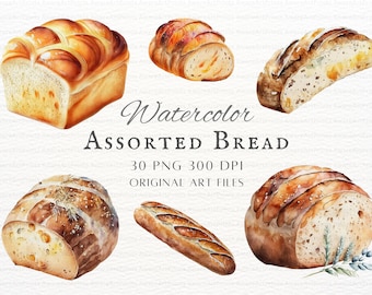 Acuarela Pan 30pc PNG & JPEG / Pan PNG / Panadería Pan Arte / Pan Artesanal Imágenes Prediseñadas / Pan Uso Comercial / Pan Acuarela Imágenes Prediseñadas