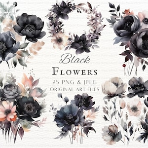 Black Flowers 25pc PNG & JPEG Bundle | Black Flowers PNG | Black Floral Clipart | Flowers Commercial Use | Printable Flower Art | Flower Art