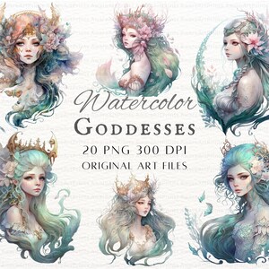 Watercolor Goddesses 20pc PNG Bundle | Goddess PNG | Goddess Commercial Use | Printable Goddess Art | Watercolor Goddess PNG | Mermaid Png