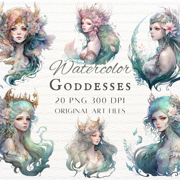 Watercolor Goddesses 20pc PNG Bundle | Goddess PNG | Goddess Commercial Use | Printable Goddess Art | Watercolor Goddess PNG | Mermaid Png