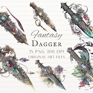 Puede incluir: Cinco dagas de fantasía adornadas con intrincados detalles, incluyendo joyas, flores y metalistería. Las dagas están pintadas en acuarela con un estilo caprichoso.