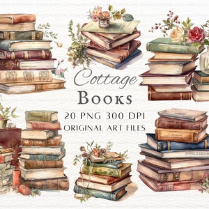 Libros de cabaña acogedores, 20 piezas PNG y JPEG / Libro vintage PNG / Libro de cabaña Png / Uso comercial de libros acogedores / Arte de libros vintage con acuarela imprimible