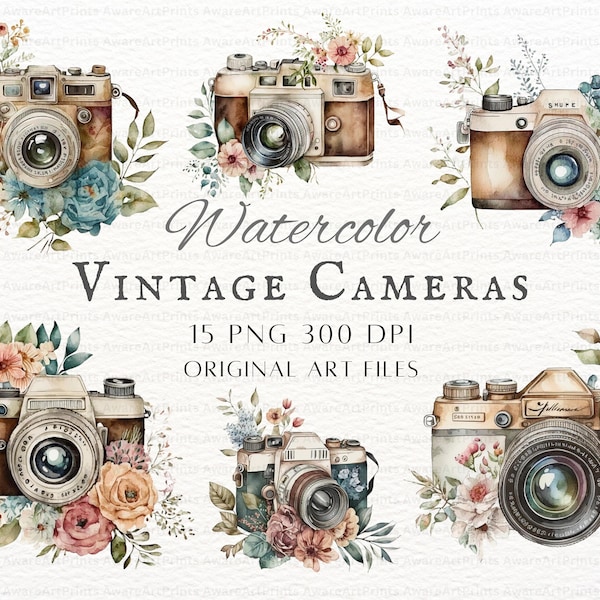 Vintage Camera 15pc PNG & JPEG | Boho Camera PNG | Watercolor Vintage Camera | Vintage Camera Commercial Use | Printable Camera Sticker Art