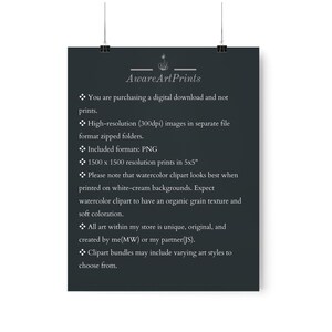 May include: A black and white text graphic on a dark gray background. The text reads "Aware Art Prints" and includes information about the digital download of high-resolution images in PNG format. The images are 1500 x 1500 pixels and are suitable for printing at 5x5 inches. The text also mentions that the watercolor clipart looks best when printed on white-cream backgrounds and that all art is unique and original.