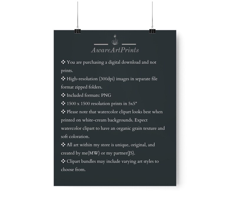 May include: A black and white text graphic on a dark gray background. The text reads "Aware Art Prints" and includes information about the digital download of high-resolution images in PNG format. The images are 1500 x 1500 pixels and are suitable for printing at 5x5 inches. The text also mentions that the watercolor clipart looks best when printed on white-cream backgrounds and that all art is unique and original.