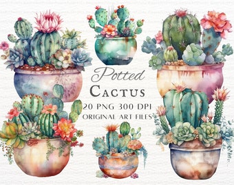 Watercolor Cactus 20pc PNG Bundle | Potted Cactus PNG | Potted Succulent PNG | Cactus Commercial Use | Printable Cactus | Watercolor Cactus