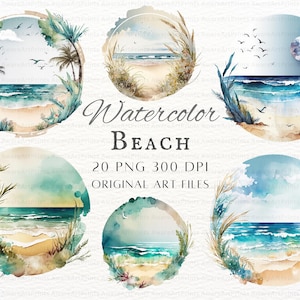 Peut inclure: Estampes d'art de plage &agrave; l'aquarelle repr&eacute;sentant des sc&egrave;nes c&ocirc;ti&egrave;res dans des cadres circulaires. Chaque estampe pr&eacute;sente une plage avec des palmiers, des vagues et des oiseaux, dans des tons de bleu, vert et beige. Le texte "Watercolor Beach" et d'autres d&eacute;tails sont inclus.
