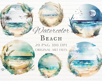 Acuarela Playa 15pc PNG Paquete / Playa PNG / Acuarela Playa Uso Comercial / Playa Cricut Arte / Vintage Playa PNG / Imprimible Playa Png