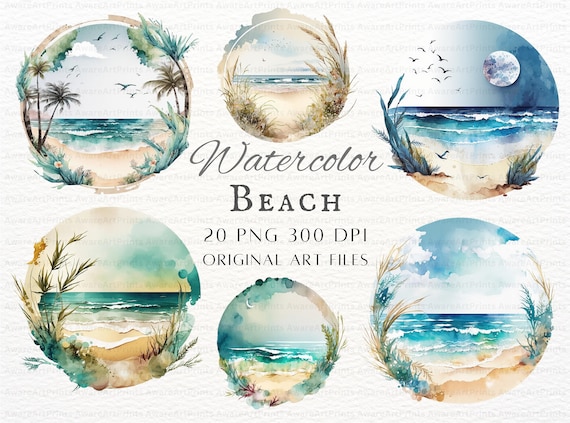 Watercolor Beach 15pc PNG Bundle | Beach PNG | Watercolor Beach Commercial Use | Beach Cricut Art | Vintage Beach PNG | Printable Beach Png