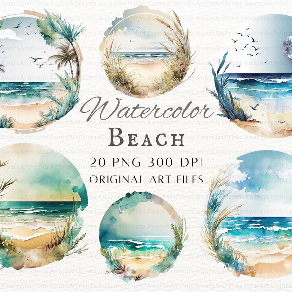 Watercolor Beach 15pc PNG Bundle | Beach PNG | Watercolor Beach Commercial Use | Beach Cricut Art | Vintage Beach PNG | Printable Beach Png