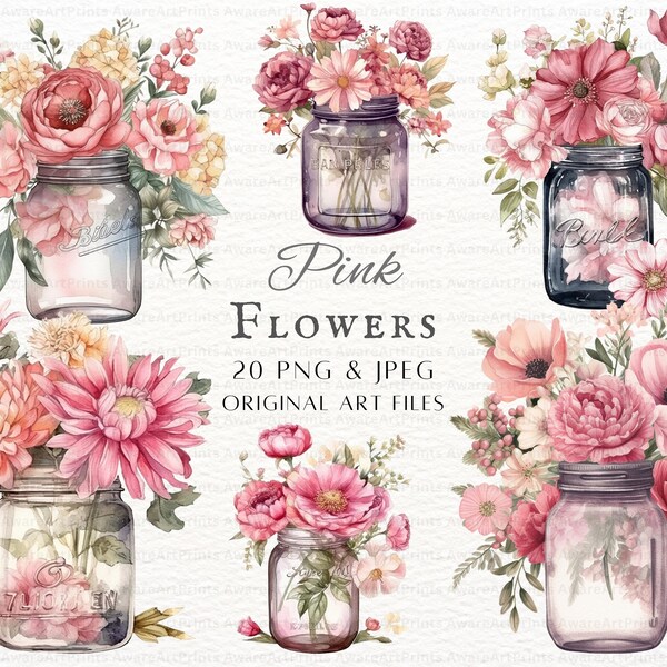 Pink Flowers 20pc PNG & JPEG Bundle | Mason Jar Flowers PNG | Pink Flowers Clipart | Flower Clipart | Pink Commercial Use | Jar Pink Flowers