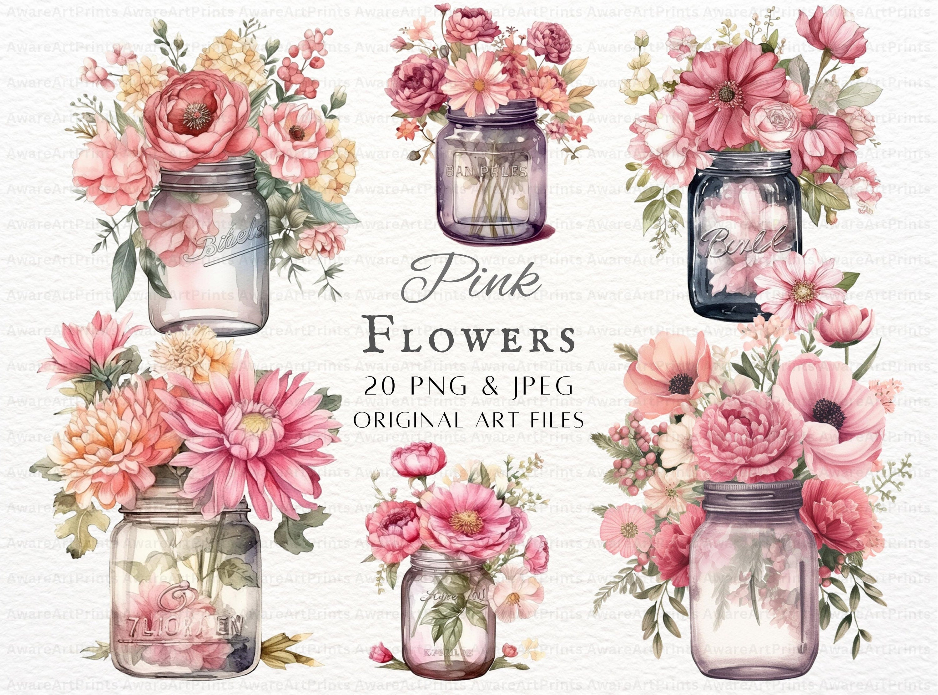 Pink Flowers 20pc PNG & JPEG Bundle | Mason Jar Flowers PNG | Pink Flowers Clipart | Flower Clipart | Pink Commercial Use | Jar Pink Flowers