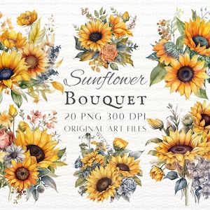 Bouquet de tournesols vintage 20 pièces PNG et JPEG | Clipart tournesol | Bouquet de tournesol | Utilisation commerciale de tournesol | Tournesol imprimable