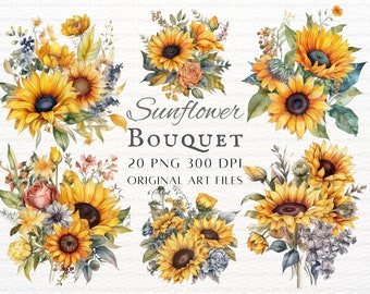 Vintage Sunflower Bouquet 20pc PNG & JPEG Bundle | Sunflower Clipart | Sunflower Bouquet | Sunflower Commercial Use | Printable Sunflower
