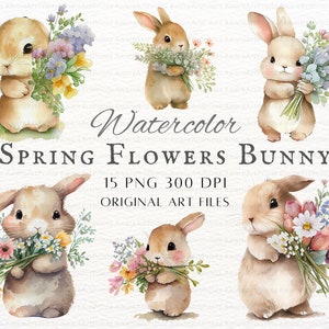 Spring Bunny 15pc PNG & JPEG / acquerello Spring Bunny PNG / Spring Flowers Bunny Art / Floral Bunny Commercial Use / Cute Bunnies Clipart