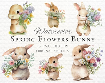 Spring Bunny 15pc PNG & JPEG | Watercolor Spring Bunny PNG | Spring Flowers Bunny Art | Floral Bunny Commercial Use | Cute Bunnies Clipart
