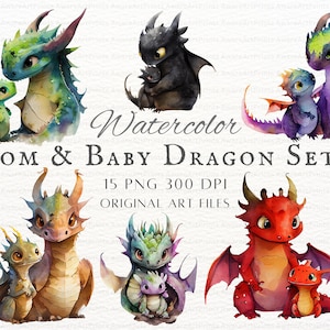 May include: Watercolor illustration set of five pairs of mom and baby dragons. The dragons are in various colors, including green, black, brown, and red. The text "Watercolor Mom & Baby Dragon Set 2" is at the top of the image. The text "15 PNG 300 DPI ORIGINAL ART FILES" is below the dragons.