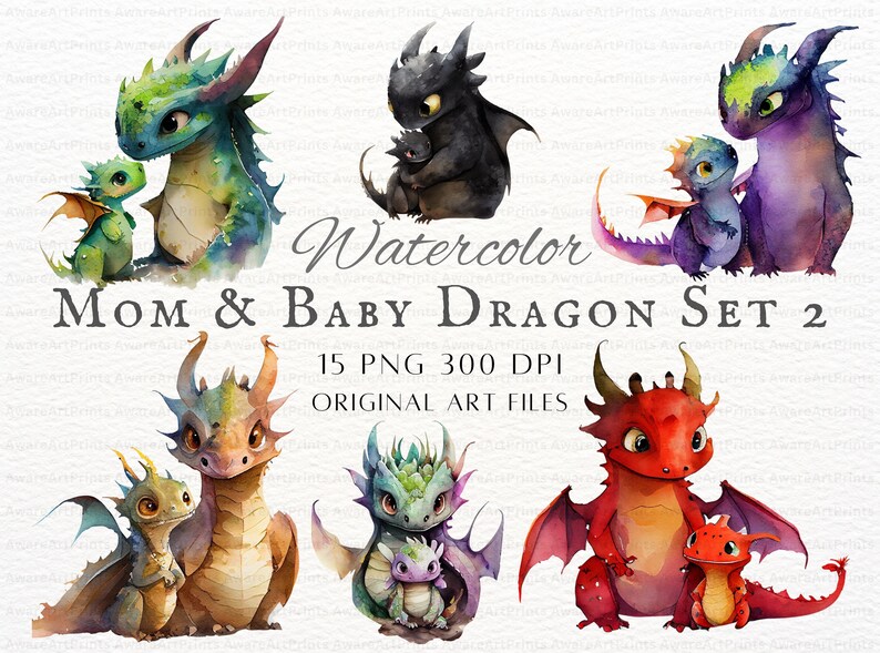 May include: Watercolor illustration set of five pairs of mom and baby dragons. The dragons are in various colors, including green, black, brown, and red. The text "Watercolor Mom & Baby Dragon Set 2" is at the top of the image. The text "15 PNG 300 DPI ORIGINAL ART FILES" is below the dragons.