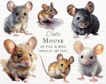 Souris 20 pièces PNG et JPEG | Clipart peinture de souris | Souris PNG | Souris mignonne à usage commercial | Art mural souris imprimable | Souris des champs | Art de souris