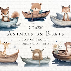 Süße Tierbabys auf Boot 20 Stück PNG & JPEG | Kinderzimmer Tier PNG | Baby Kinderzimmer Tier Kommerzielle Nutzung | Druckbare Kinderzimmer Baby Tier Clipart