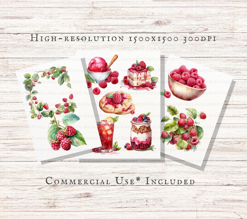 May include: Three watercolor illustrations featuring raspberries. The first illustration shows a wreath of green leaves with red raspberries. The second illustration shows a glass of red liquid with a lemon wedge, a cookie with raspberry jam, and a bowl of raspberries. The third illustration shows a bowl of raspberries, a jar of yogurt with raspberries and granola, and a sprig of raspberries with green leaves.