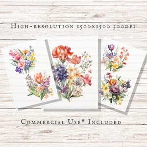 May include: Three watercolor floral bouquets with a variety of flowers in shades of pink, purple, yellow, and orange. The bouquets are on a white background with the text "HIGH-RESOLUTION 1500X1500 300DPI" and "COMMERCIAL USE* INCLUDED" at the top and bottom of the image.