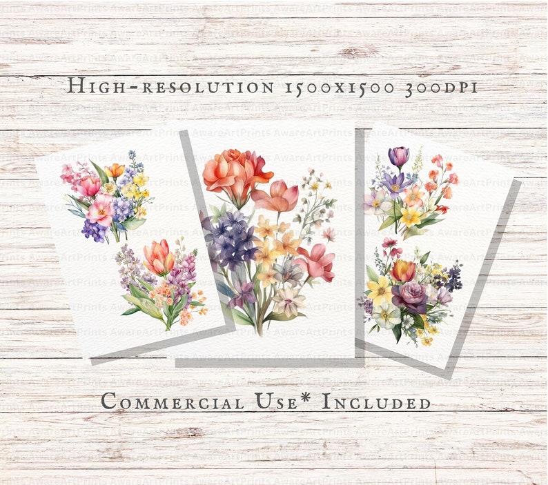 May include: Three watercolor floral bouquets with a variety of flowers in shades of pink, purple, yellow, and orange. The bouquets are on a white background with the text "HIGH-RESOLUTION 1500X1500 300DPI" and "COMMERCIAL USE* INCLUDED" at the top and bottom of the image.