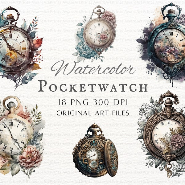 Pocket Watch Clipart 18pc PNG & JPEG | Pocket Watch Clipart | Pocket Watch PNG | Pocket Watch Clipart  | Printable Watercolor Watch Wall Art