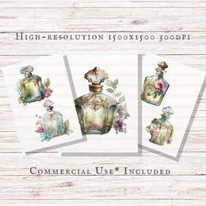 Pu&ograve; includere: Quattro illustrazioni digitali di bottiglie di profumo vintage con accenti floreali. Le bottiglie sono in varie tonalit&agrave; di verde, oro e bianco. Lo sfondo &egrave; una texture di legno bianco. ALTA RISOLUZIONE 1500X1500 300DPI USO COMMERCIALE INCLUSO