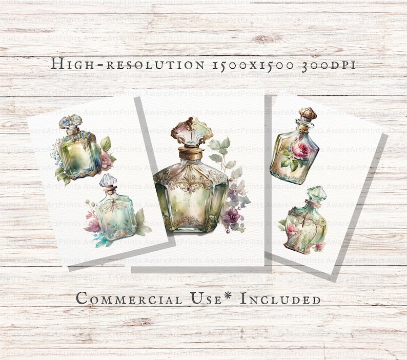 Pu&ograve; includere: Quattro illustrazioni digitali di bottiglie di profumo vintage con accenti floreali. Le bottiglie sono in varie tonalit&agrave; di verde, oro e bianco. Lo sfondo &egrave; una texture di legno bianco. ALTA RISOLUZIONE 1500X1500 300DPI USO COMMERCIALE INCLUSO