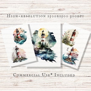 May include: Three watercolor illustrations of a lighthouse on a rocky shore. The first image shows a lighthouse with a red and white striped tower against a blue sky with white clouds. The second image shows a lighthouse with a red and white striped tower against a dark blue sky with a full moon and stars. The third image shows a lighthouse with a red and white striped tower against a sunset sky with a wave crashing against the shore.