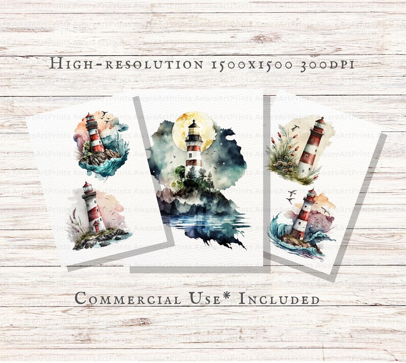 May include: Three watercolor illustrations of a lighthouse on a rocky shore. The first image shows a lighthouse with a red and white striped tower against a blue sky with white clouds. The second image shows a lighthouse with a red and white striped tower against a dark blue sky with a full moon and stars. The third image shows a lighthouse with a red and white striped tower against a sunset sky with a wave crashing against the shore.