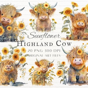 Sunflower Highland Cow 20pc PNG & JPEG | Sunflower Highland Cow PNG | Floral Highland Cow | Funny Highland Cow Png | Printable Highland Cow