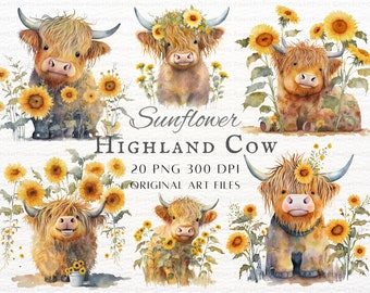 Sunflower Highland Cow 20pc PNG & JPEG | Sunflower Highland Cow PNG | Floral Highland Cow | Funny Highland Cow Png | Printable Highland Cow