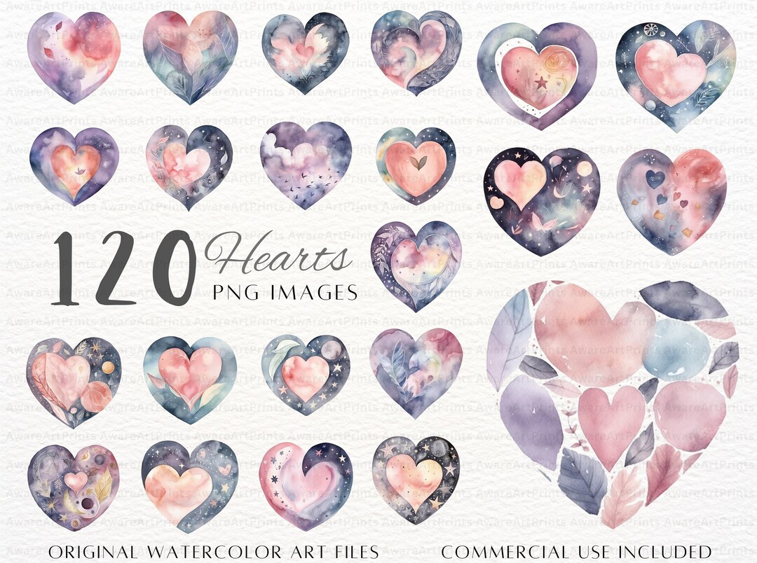 Hearts 120pc PNG Mega Bundle | Watercolor Heart PNG | Fancy Hearts ...