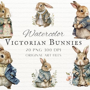 Aquarell Viktorianisches Häschen 20 Stück PNG & JPEG | Aquarell Märchen Hase PNG | Victorian Bunny Kommerzielle Nutzung Clipart | Aquarell Hase Png
