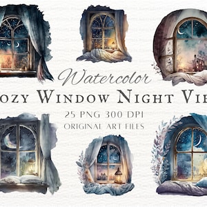 Cozy Night View 25pc Bundle / Window PNG / Window Clipart / Kawaii Window PNG / Fantasy Window Commercial Use / Cozy Window Art Download