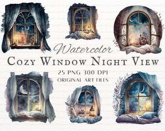 以下が含まれることがあります： 夜空の景色を眺める、居心地の良い窓を描いた水彩画のイラスト6点セット。それぞれの窓は、三日月、星、提灯など、異なるシーンが描かれています。窓はカーテンで囲まれ、水彩の柔らかなぼかしが背景になっています。