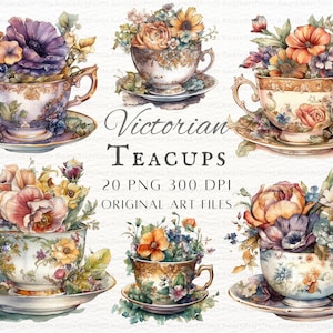 Tazze da tè vittoriane 20pc PNG & JPEG / Vintage Teacup PNG / Acquerello Teacup Png / Uso commerciale Teacup / Stampabile Victorian Teacup Clipart