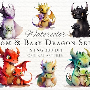 Aquarell Mama und Baby Drache 15 Stück PNG Bundle | Muttertag Drachen PNG | Mama Drache PNG | Mama und Baby Drache Kommerzielle Nutzung | Drache Png